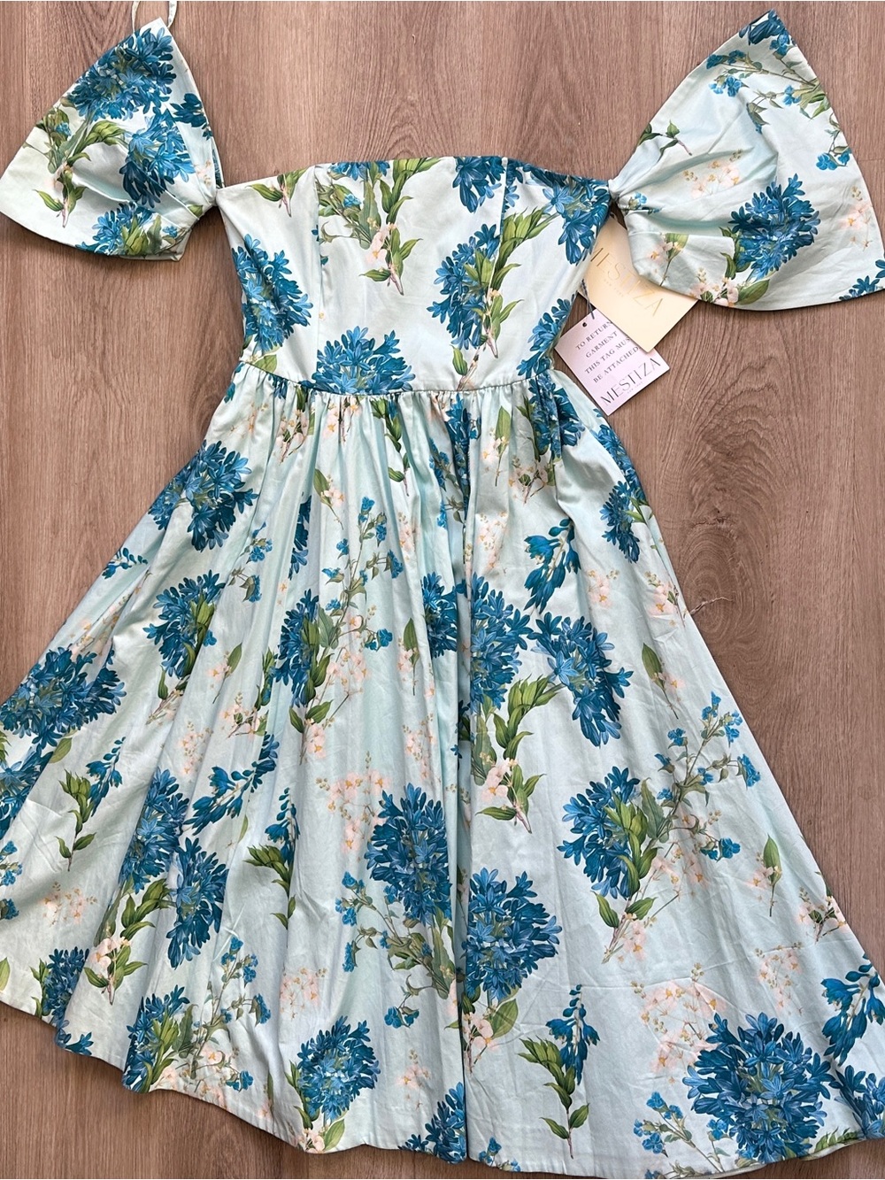NWT Mestiza New York Blue Floral Off-Shoulder Puff Sleeve Midi Dress